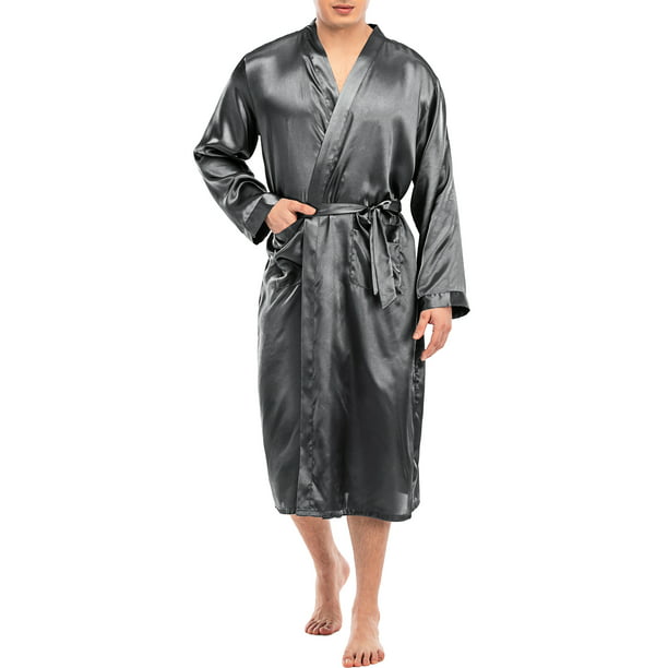 Men Satin Striped Bathrobes Short Sleeve Kimono Robe Belt Loungewear Nightwear
